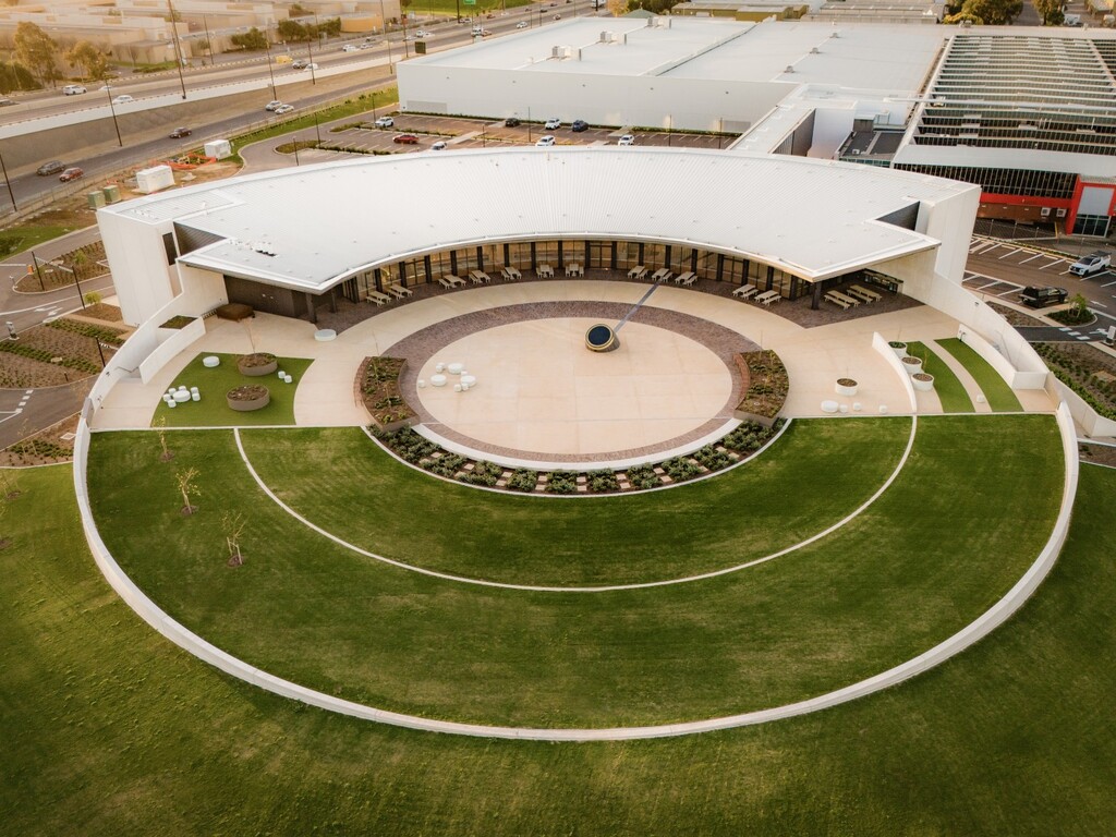 Aerial view of the circular Coopers Visitor Centre, Regency Park