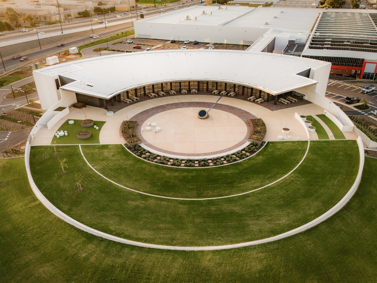 Aerial view of the circular Coopers Visitor Centre, Regency Park